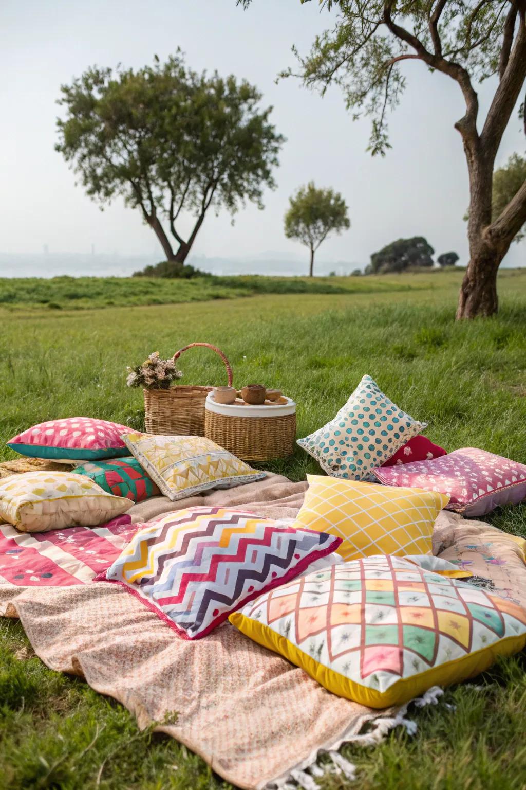 Comfortable, colorful cushions create a welcoming picnic atmosphere.