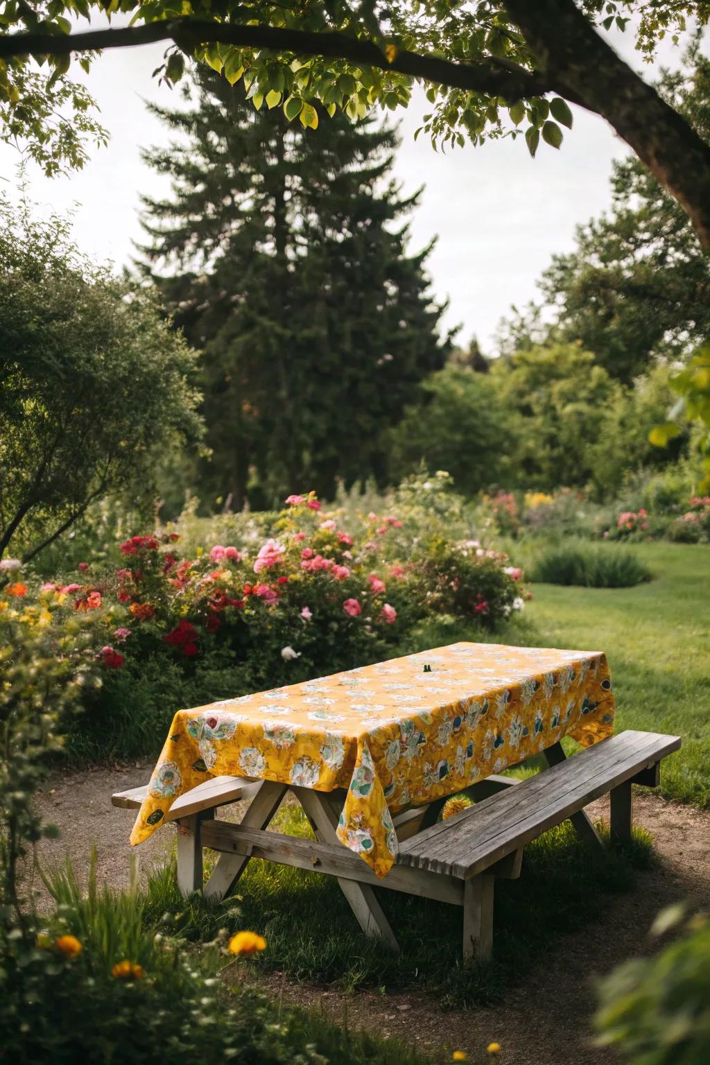 A vibrant tablecloth brings a splash of color to this garden picnic setup.