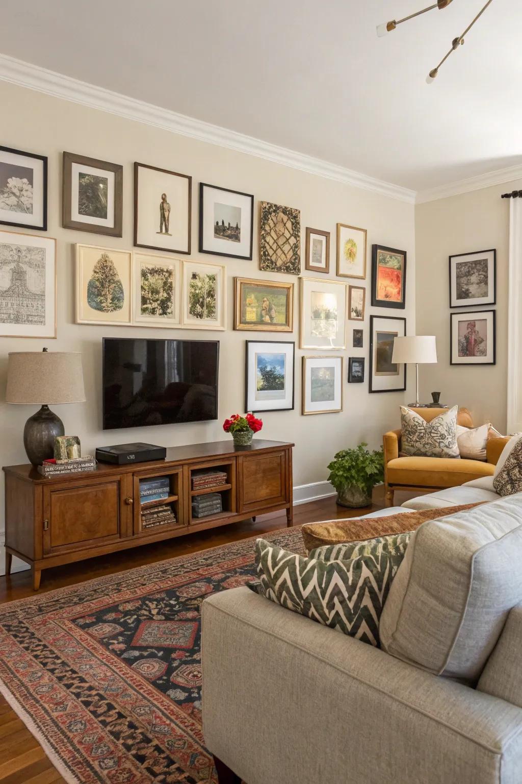 Traditional gallery walls artistically combine personal treasures and chosen art.