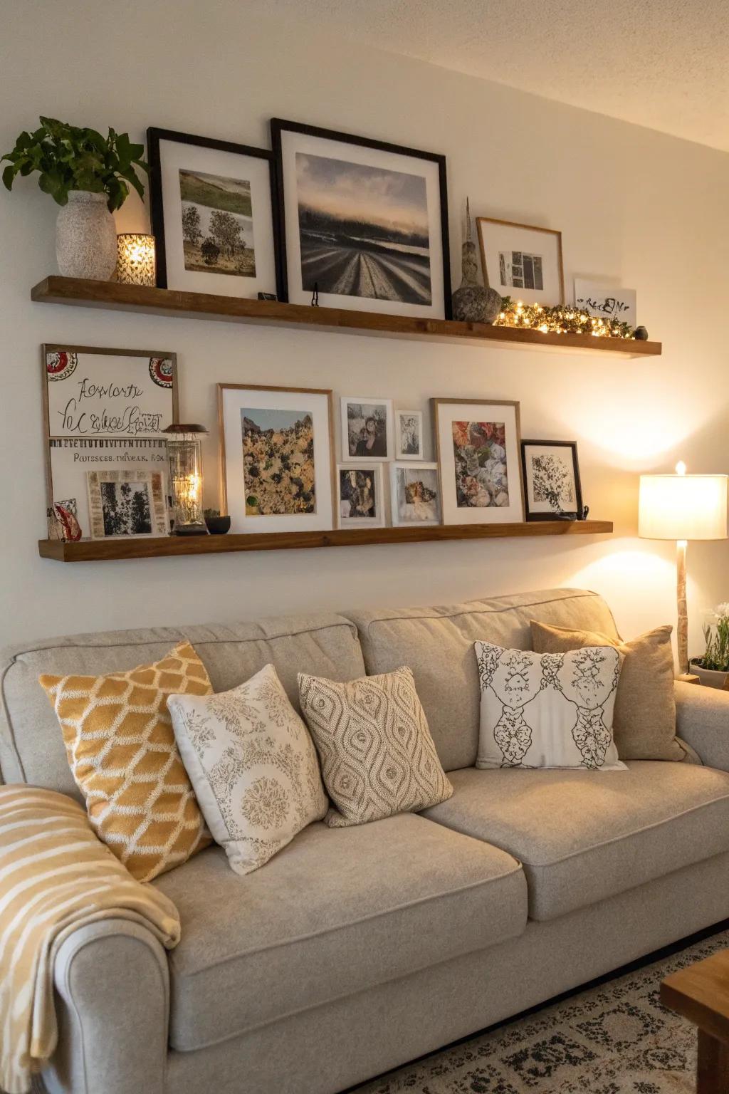 A picture ledge poised above the sofa, crafting a welcoming core feature.