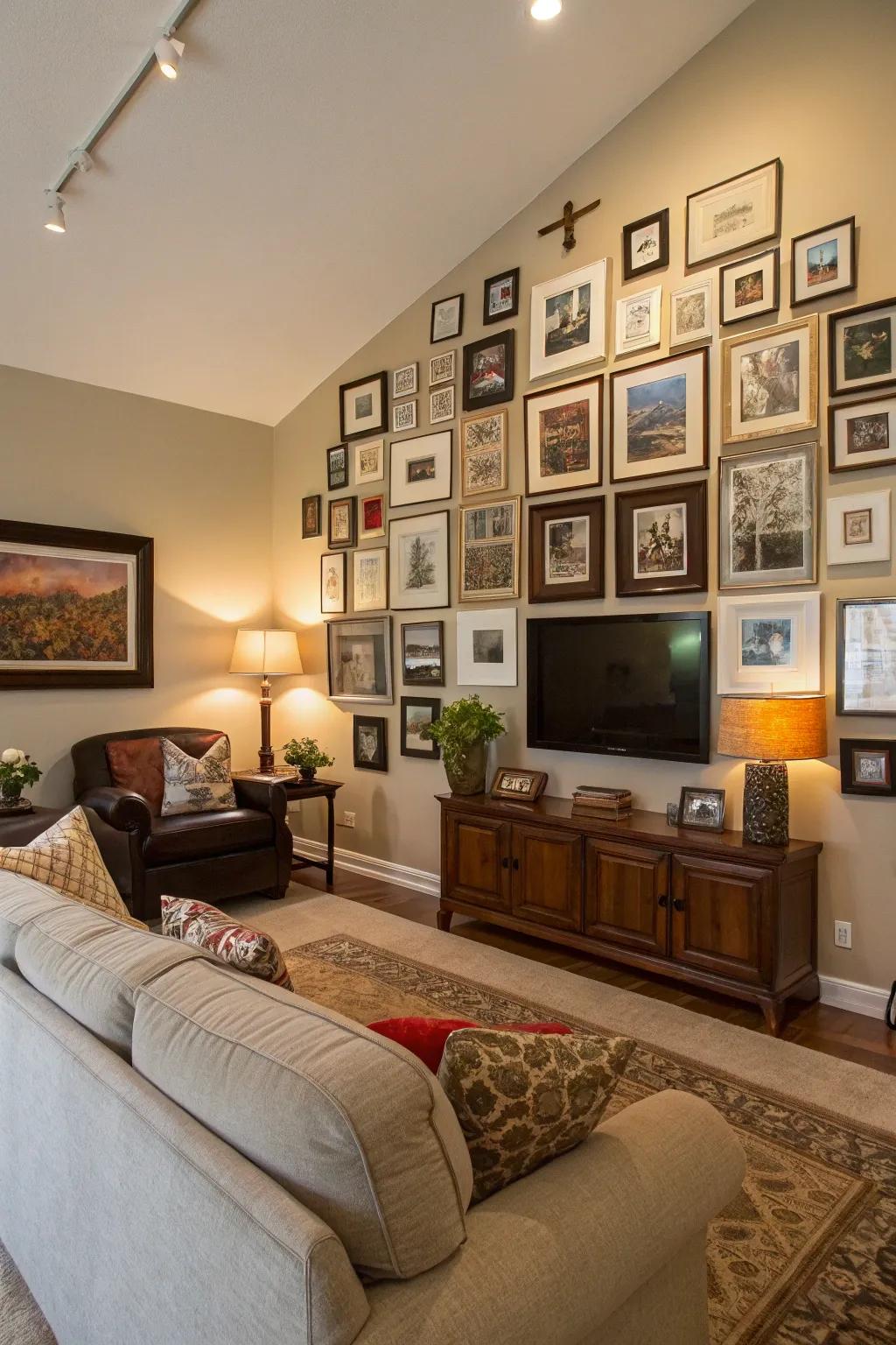 A living room where a diverse collection of frames accentuates a thoughtfully designed picture wall.