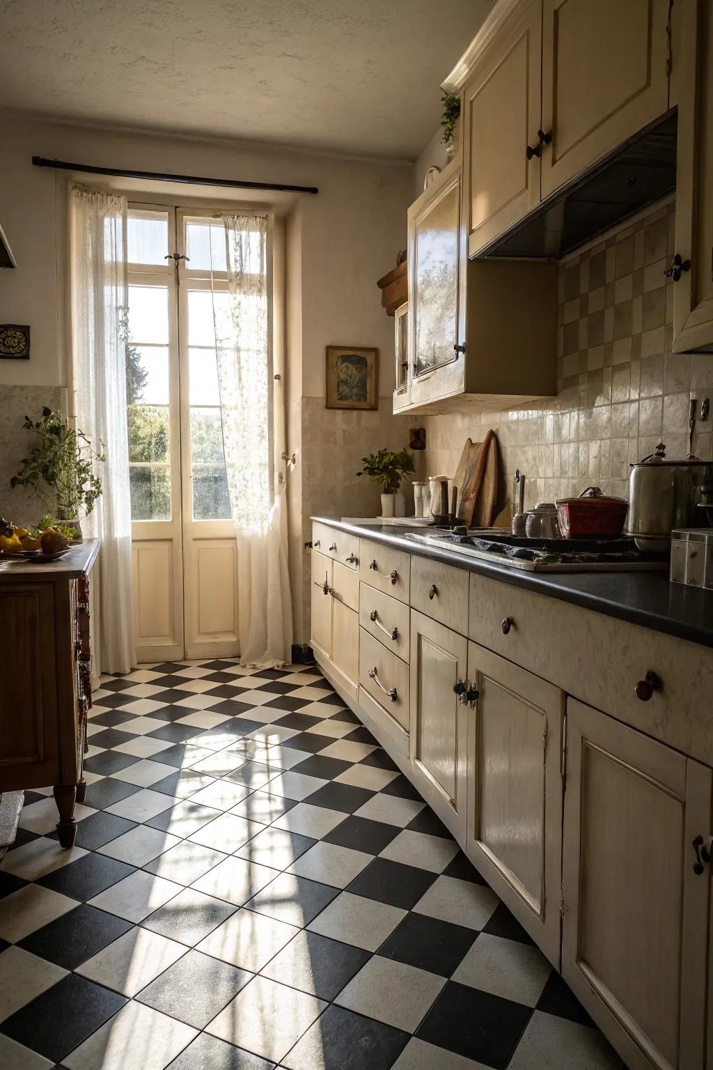A timeless checkerboard floor design adds sophistication to the kitchen.