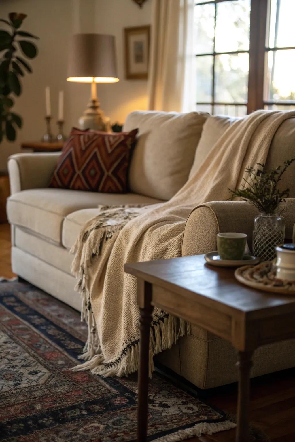 A couch cover thrown nonchalantly over the back of a sofa for a classic, laid-back feel.