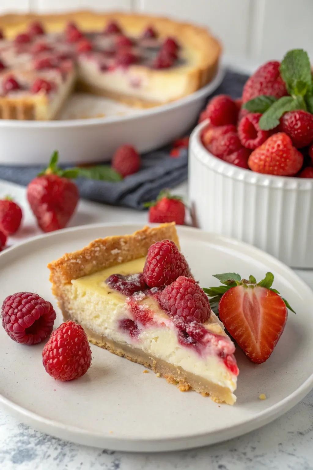 A slice of pie embellished with vibrant raspberries and strawberries for a colorful uplift.