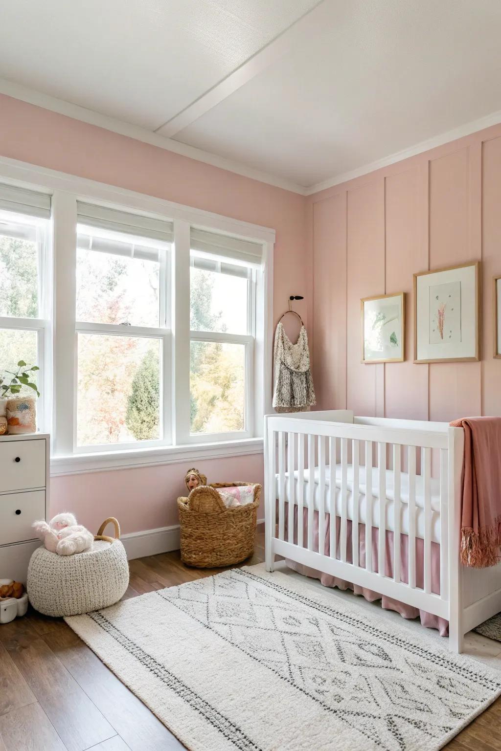 A nursery that balances soft blush pink with crisp white furnishings.