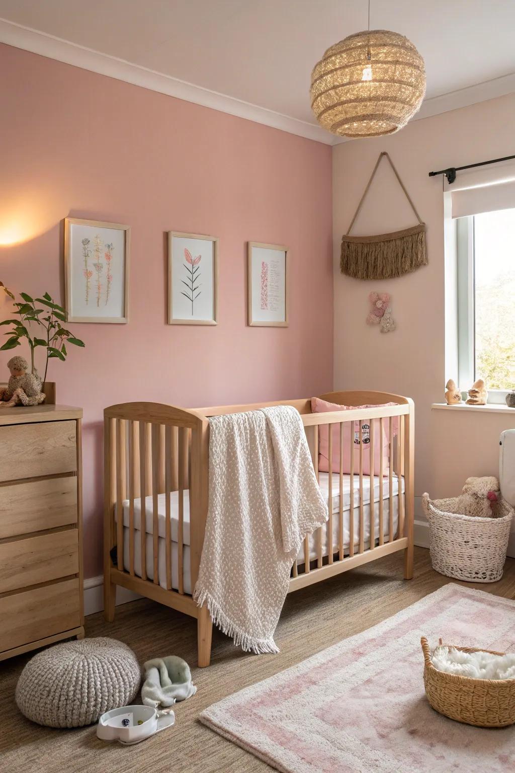 Soft rosy walls introduce serenity and appeal to the nursery.