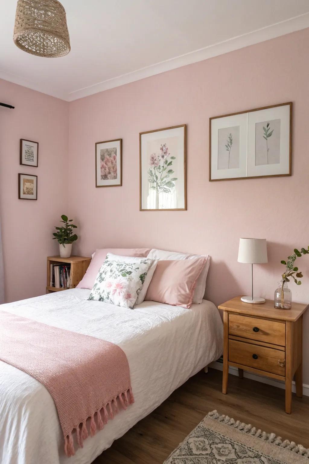 A tranquil bedroom showcased with gentle rose walls and minimalist decor.