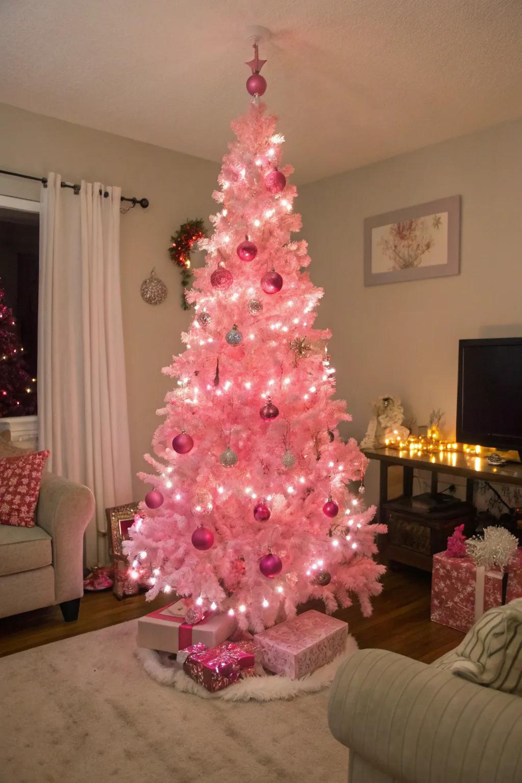 A stunning pink Christmas tree, the heart of the celebration.
