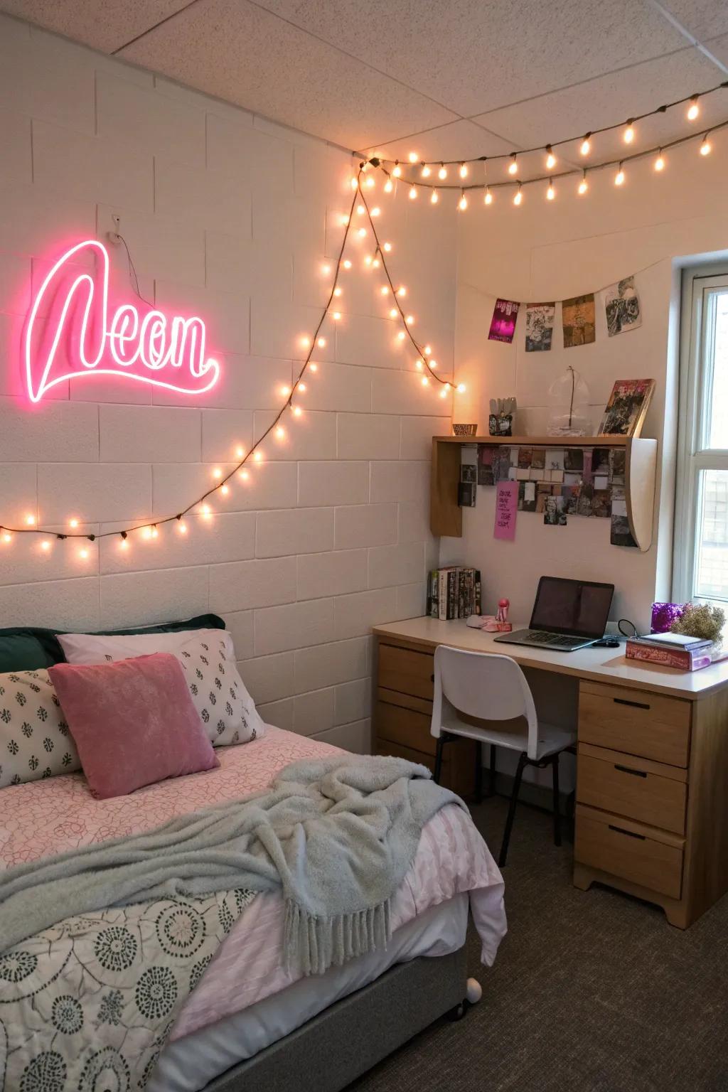 Twinkle lights and funky signs add a cozy glow and a personal touch.