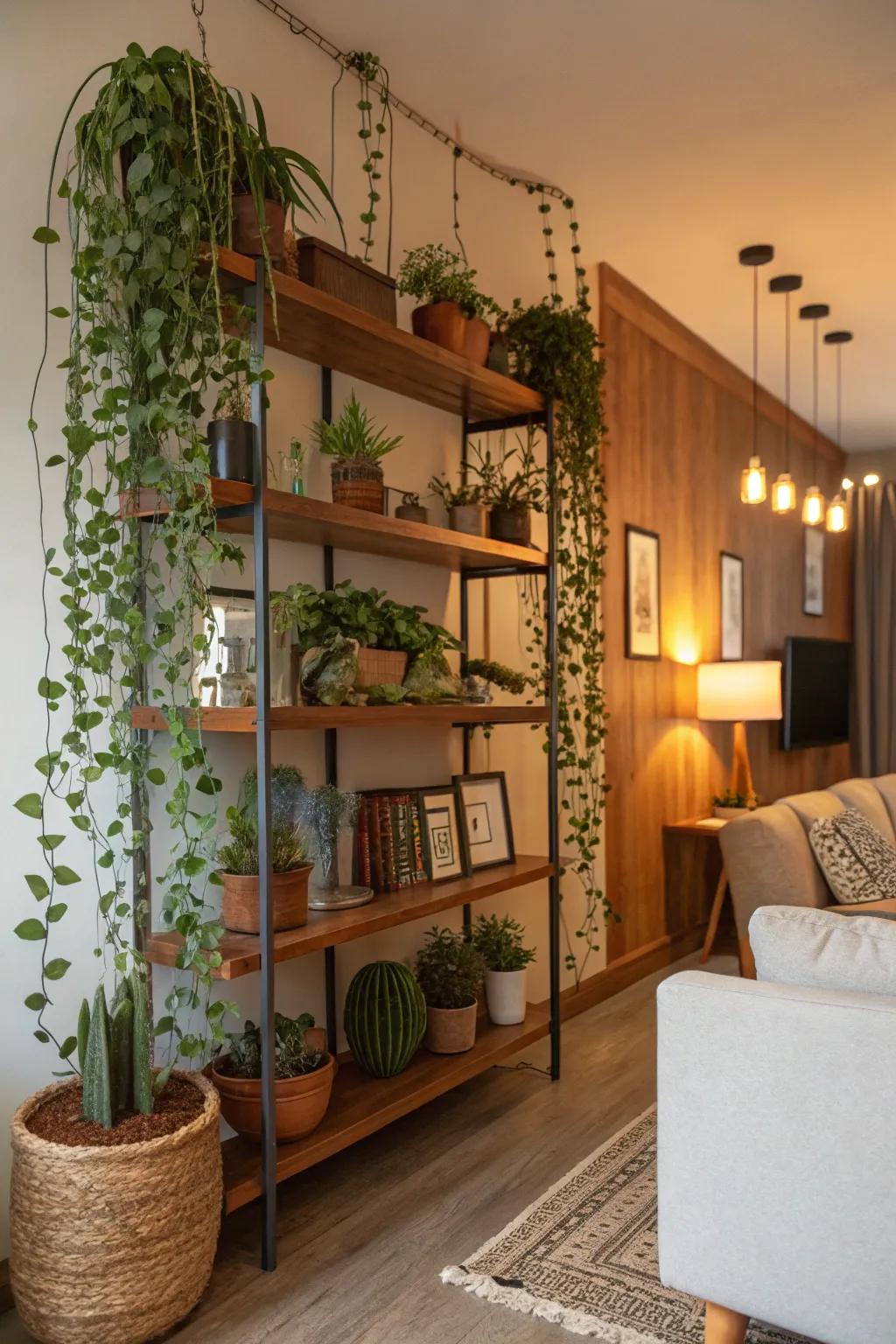 Fashion a captivating plant exhibition by repurposing your shelves as a blank canvas.