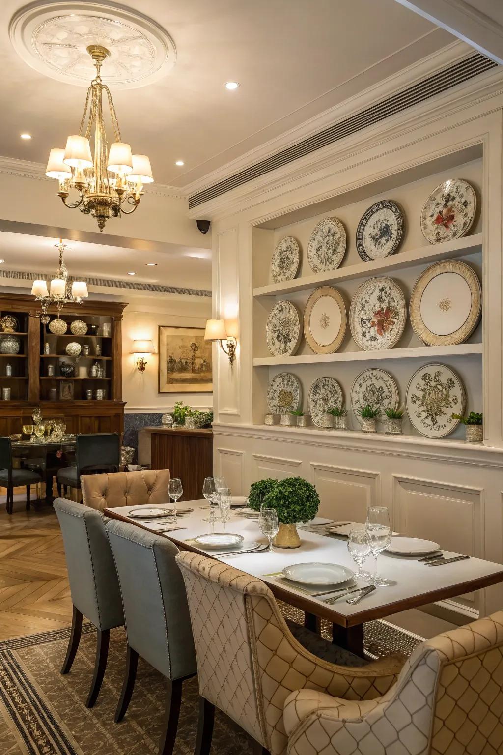 An ageless dining room showcasing a traditional plate rail arrangement