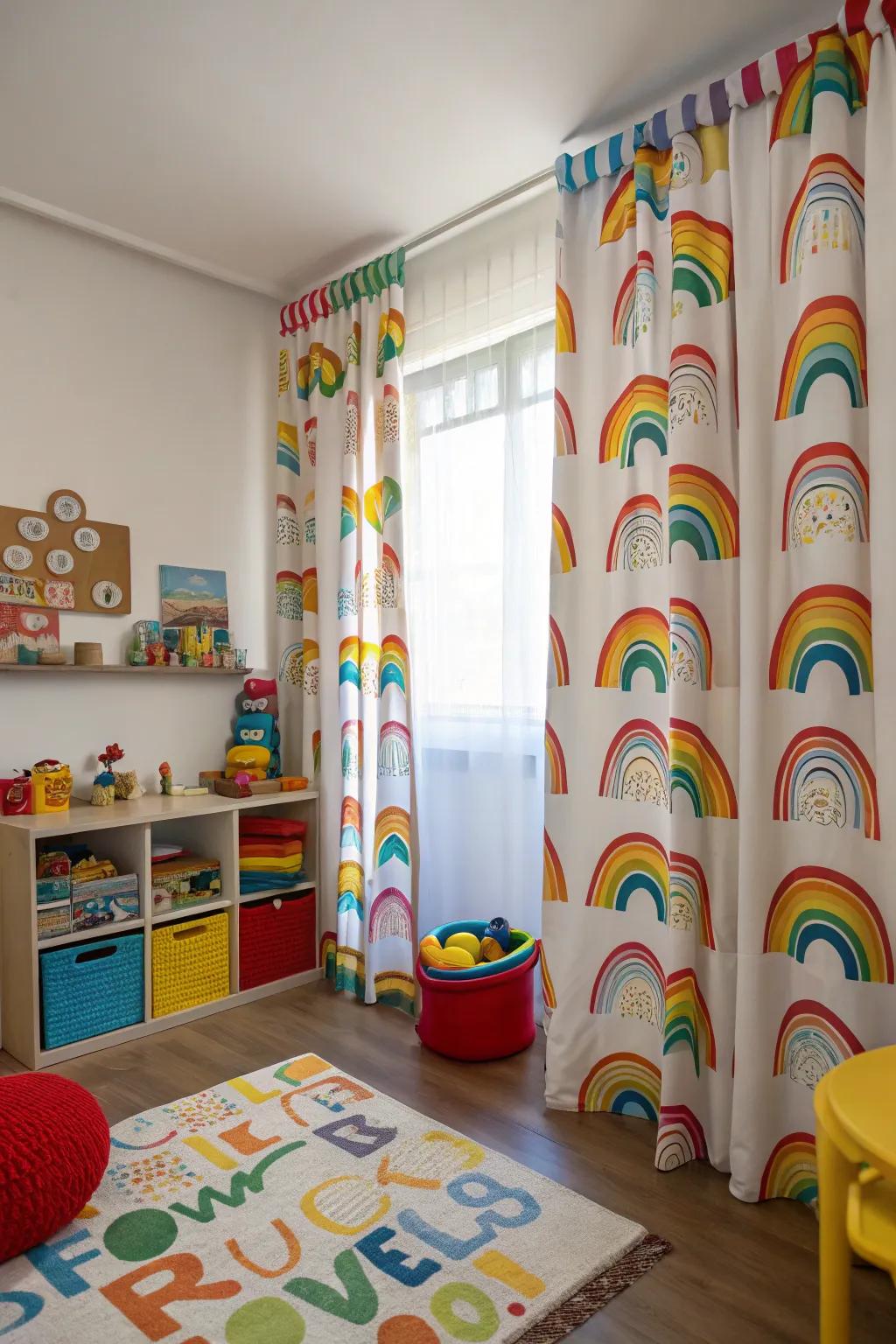 Prism-patterned drapes bring a burst of color to the playroom.