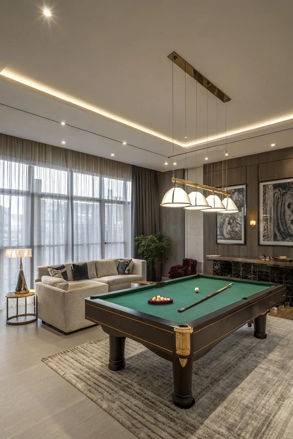 A refined playroom showcasing a fashionable billiards table.
