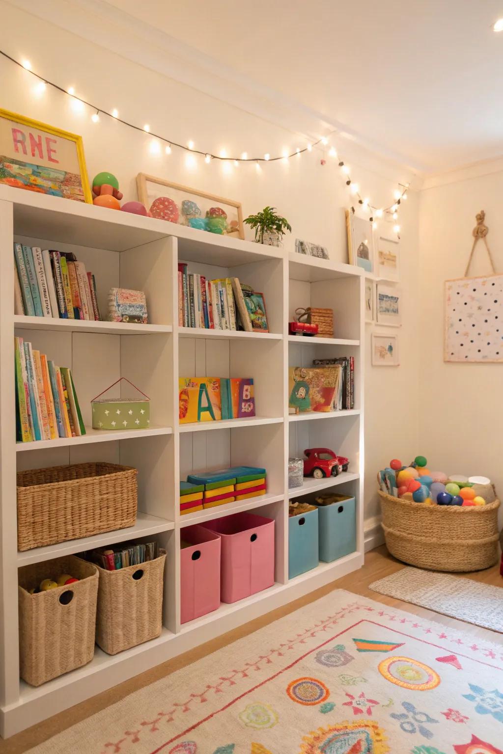 Visible shelving arranged with vibrant toys and books, tempting kids to explore.