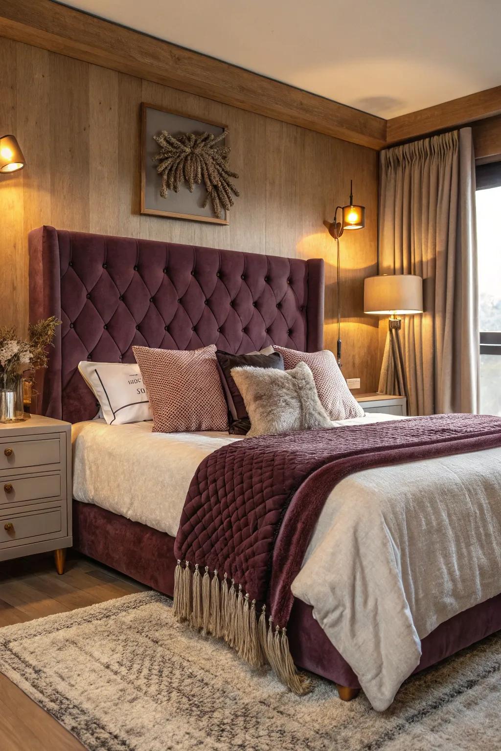 A velvet bedhead infuses luxury and comfort into any bedroom setting.