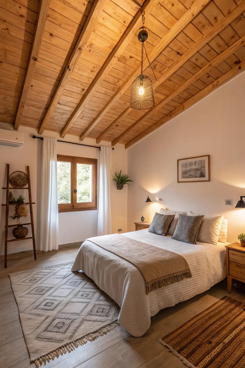 A tranquil bedroom showcasing a plywood ceiling that embraces the room with its warmth.
