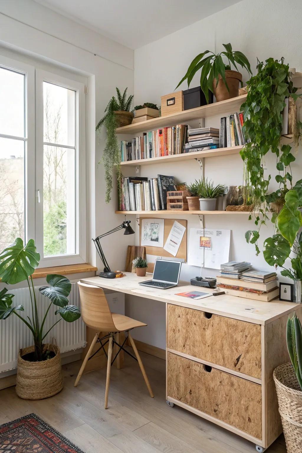 A plywood desk and shelving unit enhance both the style and utility of a home office.