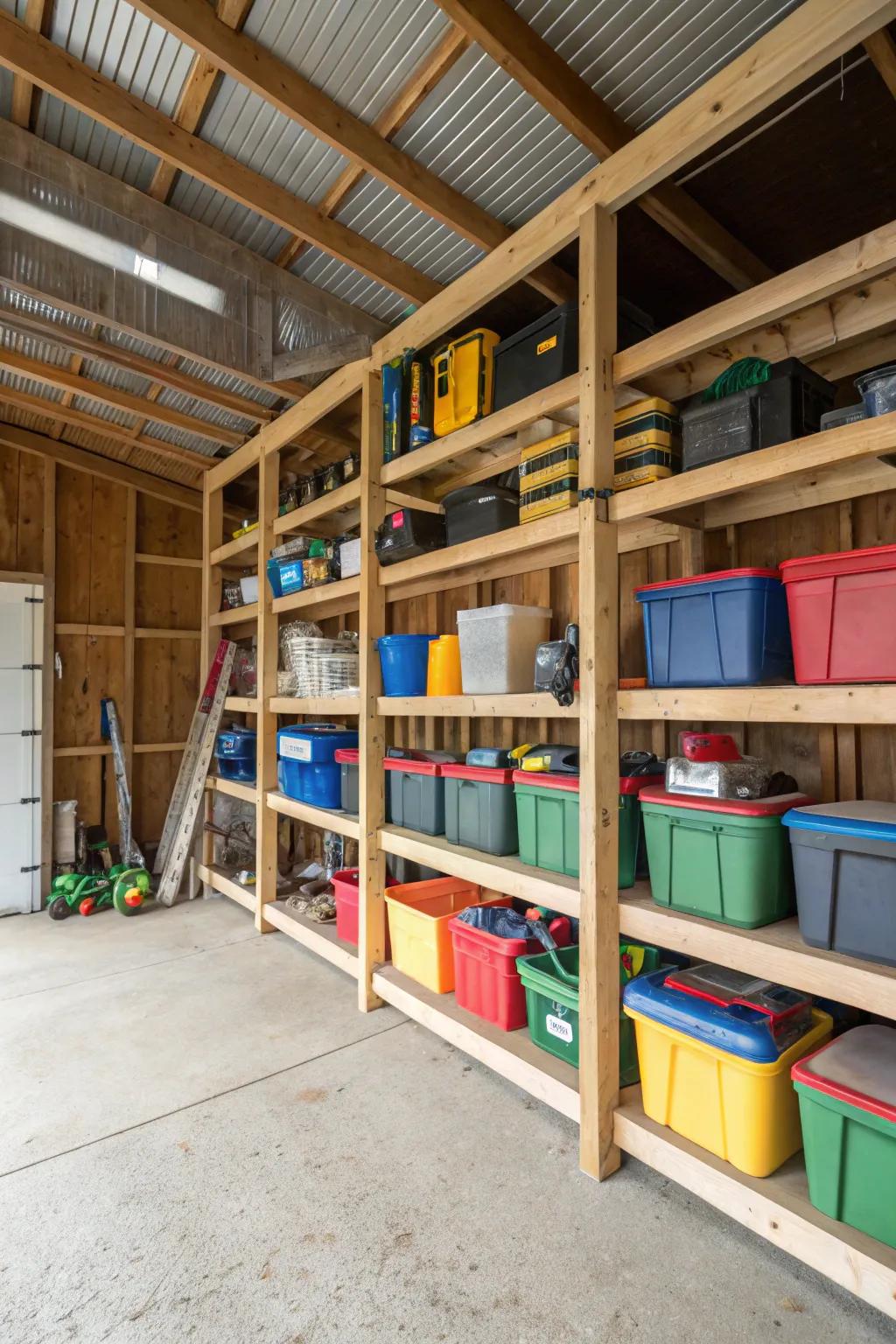 Custom DIY shelves maximize storage in a pole barn.
