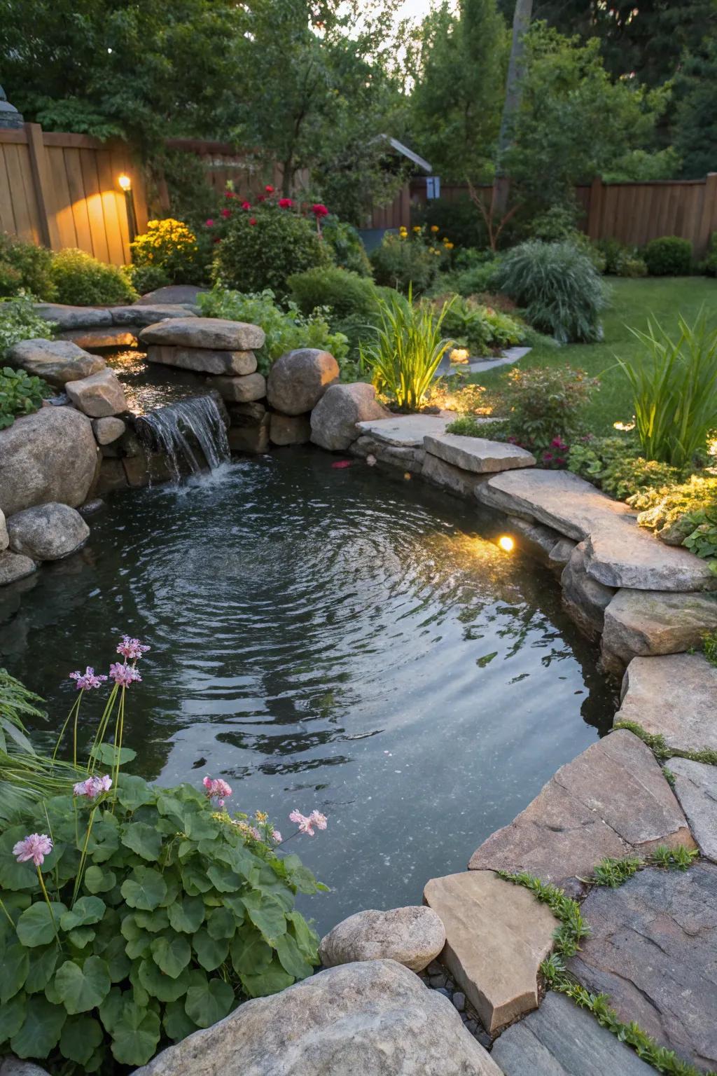 A backyard pond tastefully edged with natural rocks.