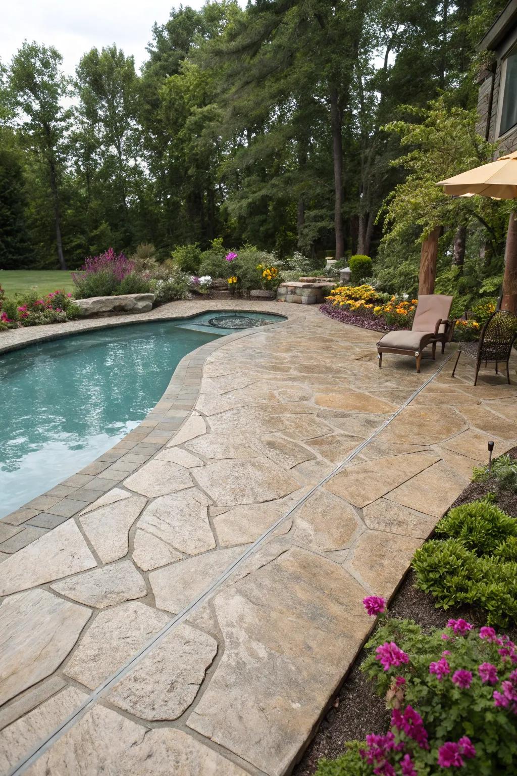 Stamped concrete adds elegance and safety to any poolside retreat.