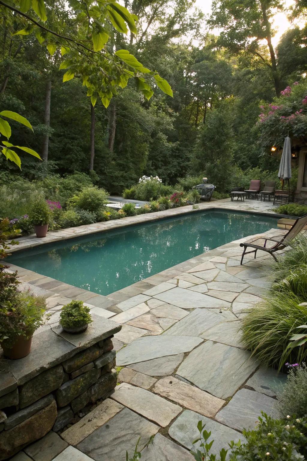 Earthy stone decks deliver elegance and strength for any pool space.