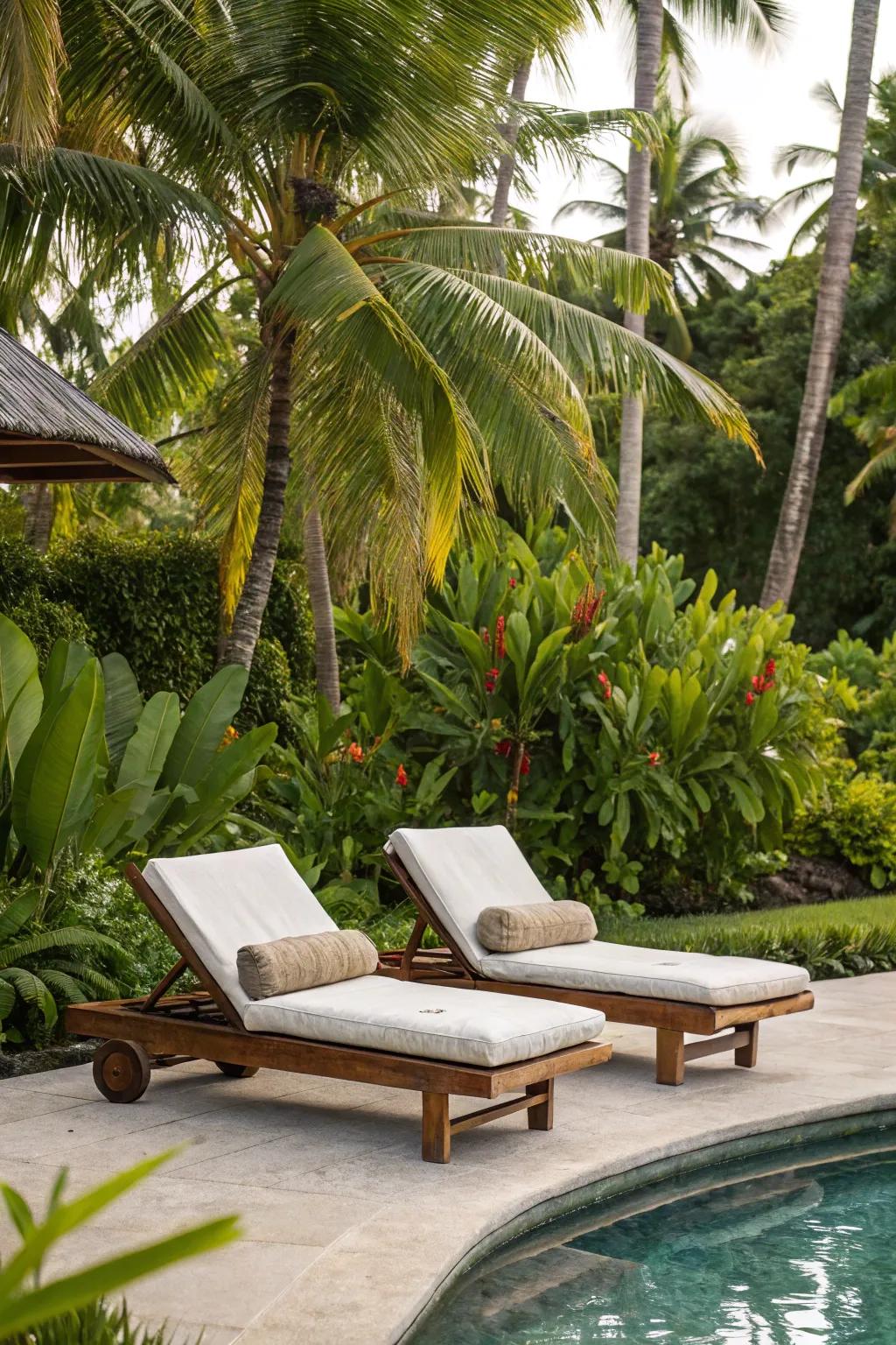 Lounging chairs stand as the peak of relaxation by the pool.