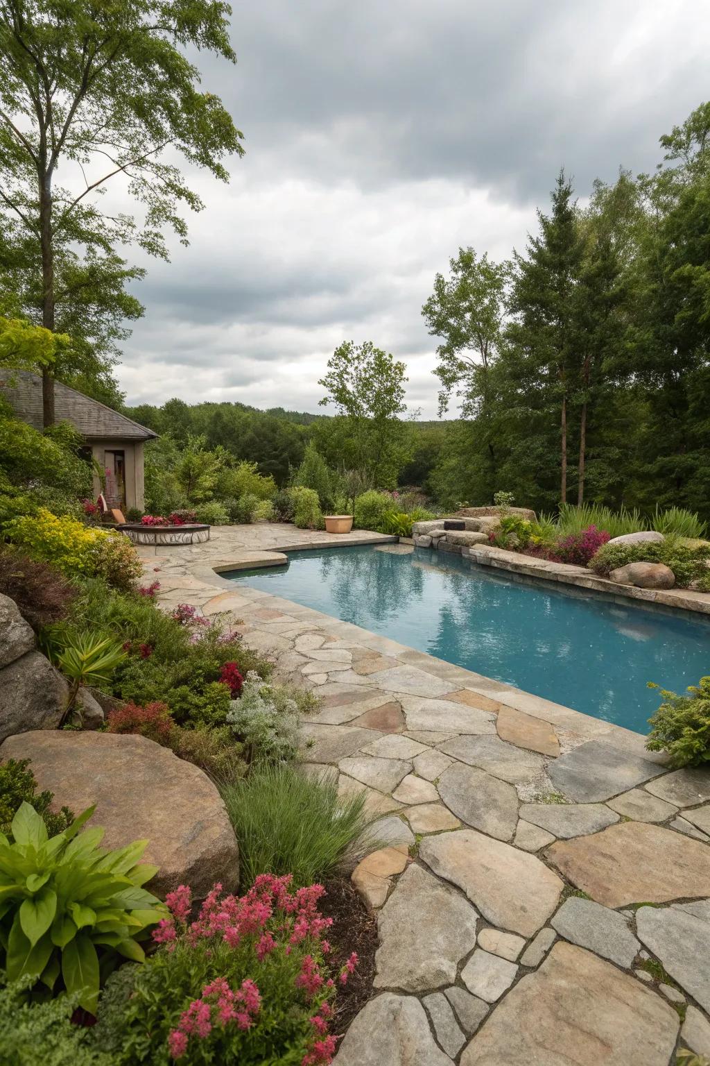 A tranquil pool enveloped by organic stones and verdant flora.