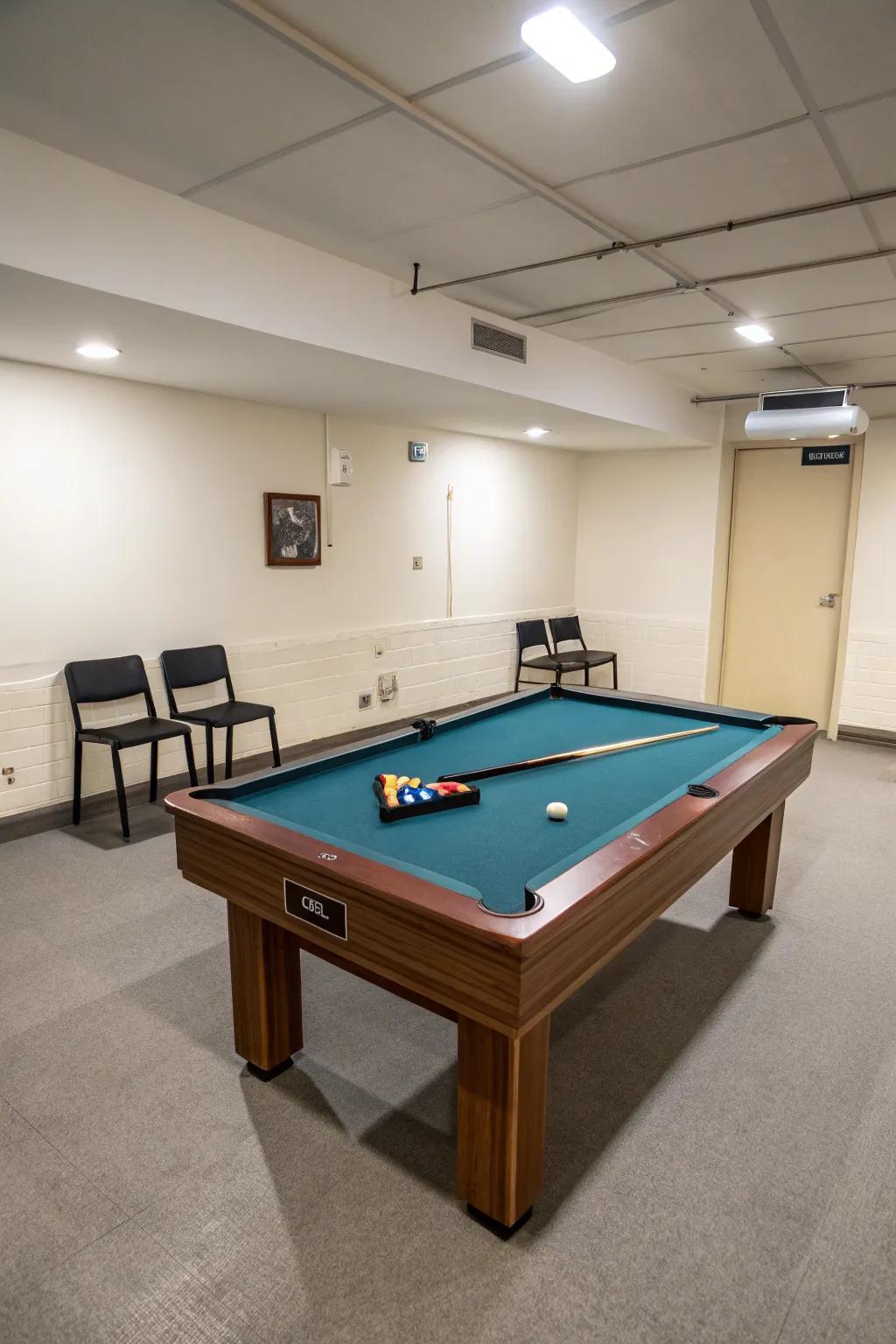 A small 7-foot pool table is a great fit for small room, making most of the room while keeping it fashionable.
