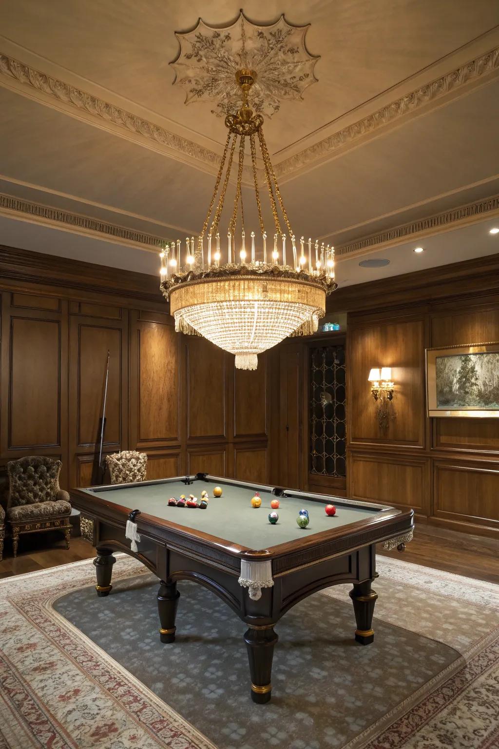 A chandelier not only illuminates but enhances the elegance and mood of your pool table room.