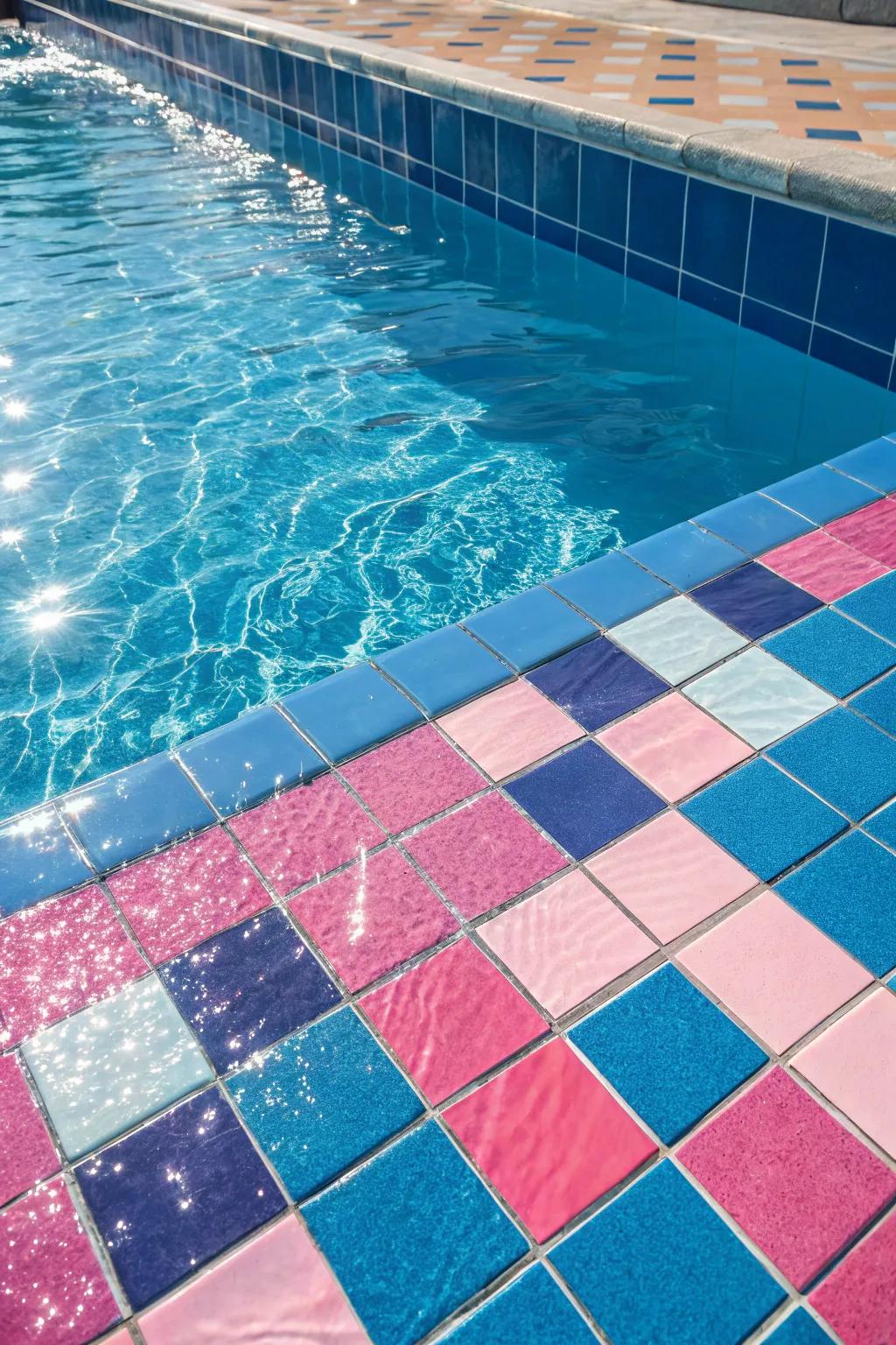 Bold blue and pink tiles create a stunning visual effect in this pool design.
