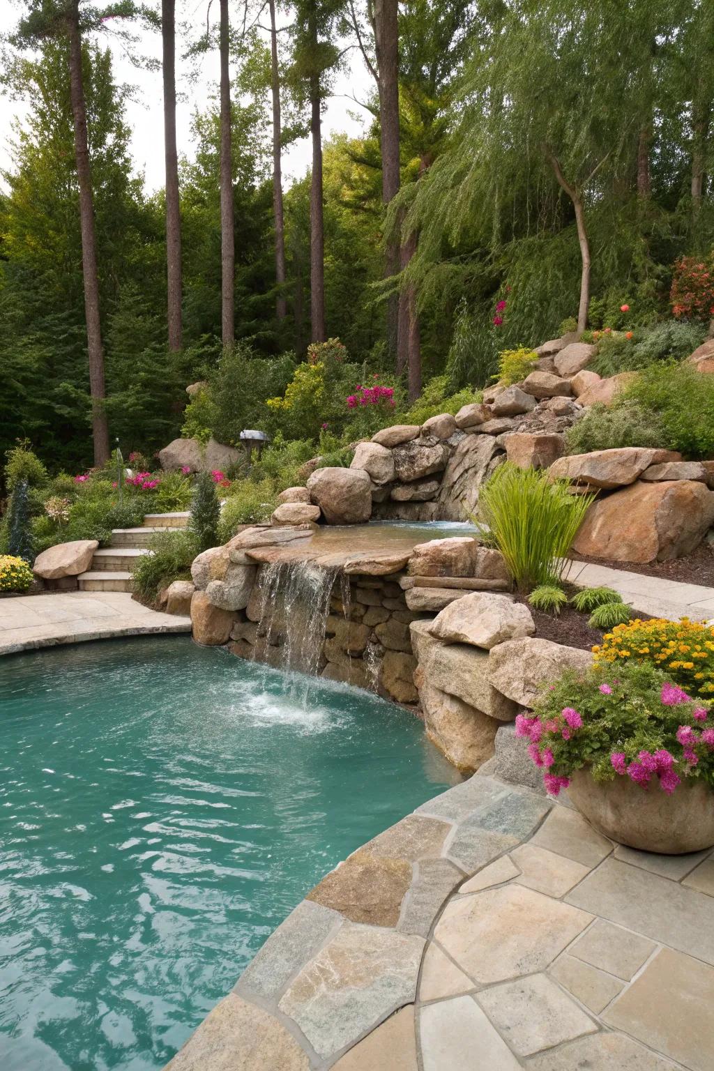 A natural rock waterfall gives a touch of rustic elegance to your pool area.
