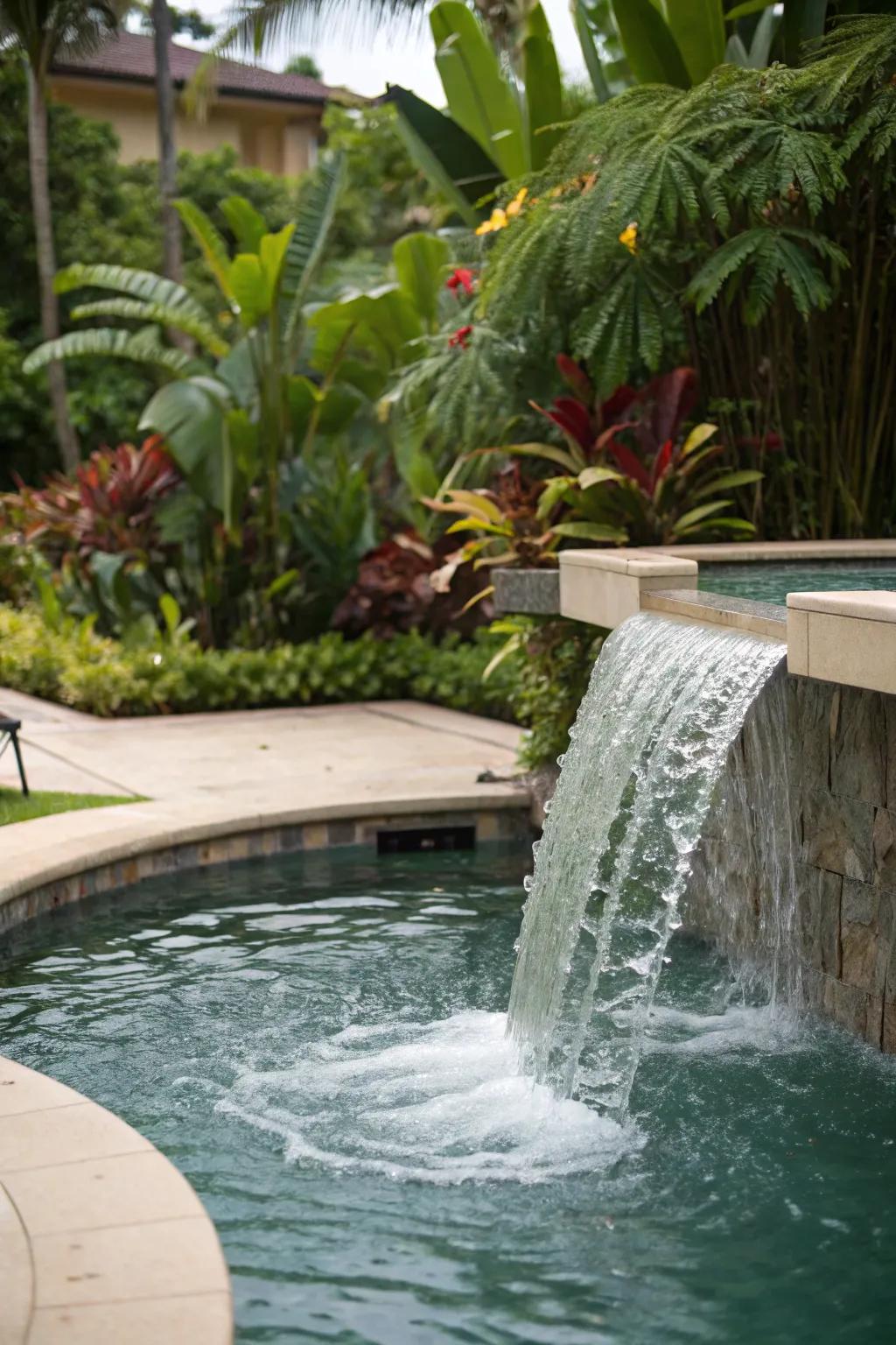 Find serenity with a spa boasting a cascade edge, gracefully flowing into the pool.