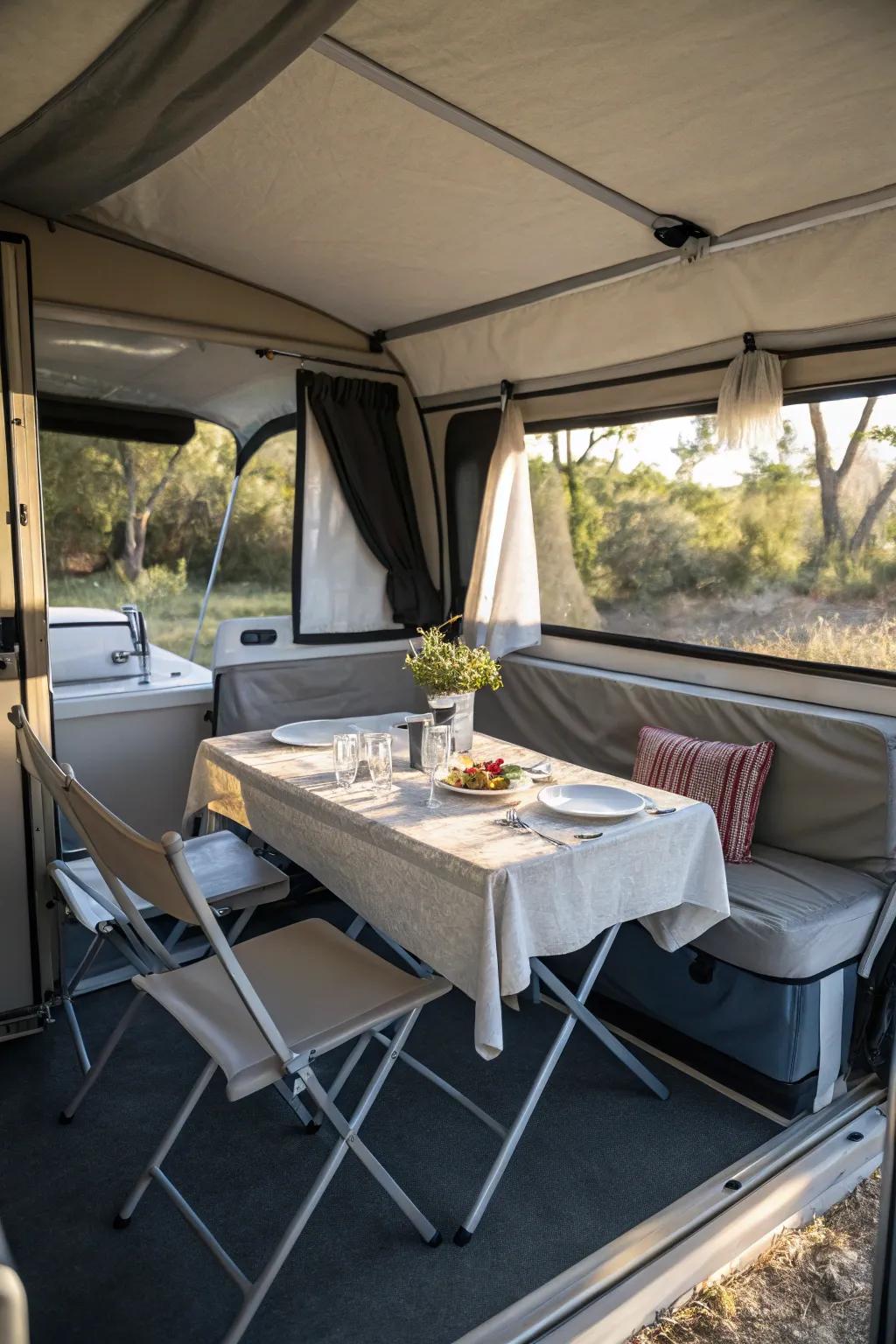 Foldable furniture keeps your camper space versatile and organized.