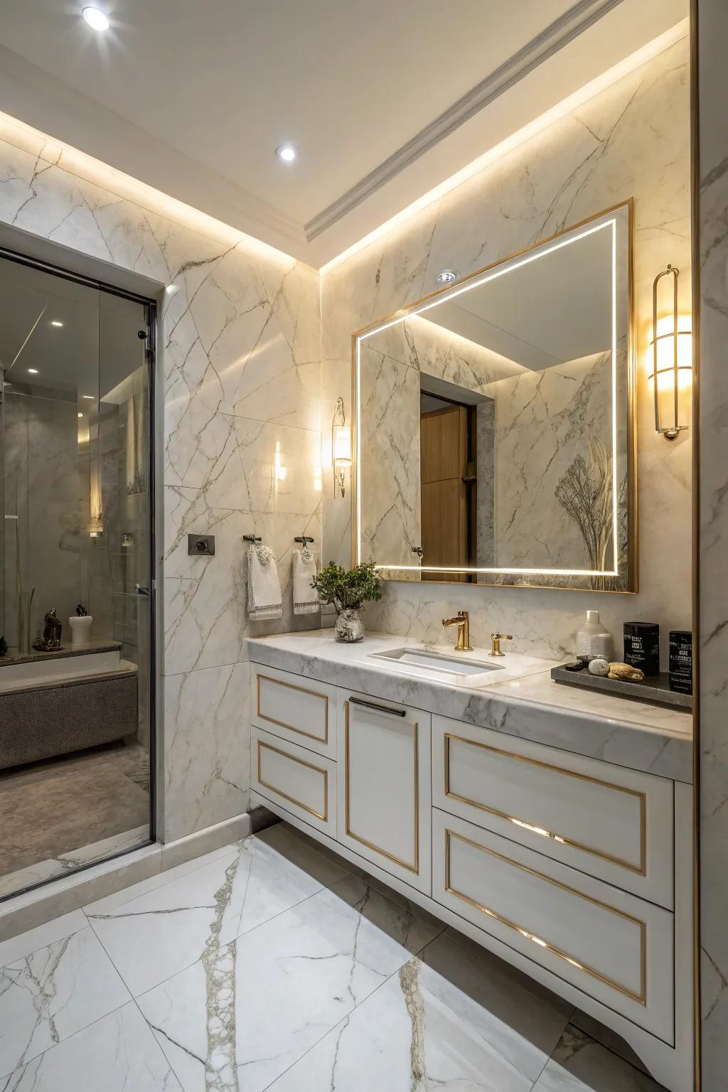 Marble-look porcelain tiles bring timeless elegance to this refined bathroom space.