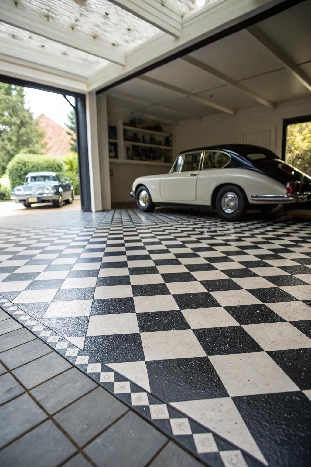 Appreciate the perennial charm of a classic checkered tile floor in your garage.