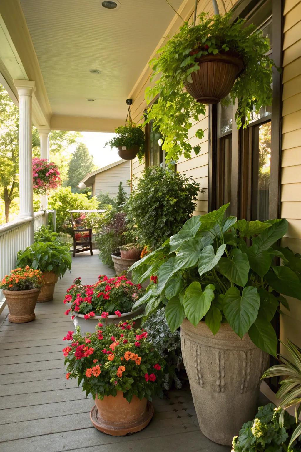 A lush porch filled with a variety of potted plants.