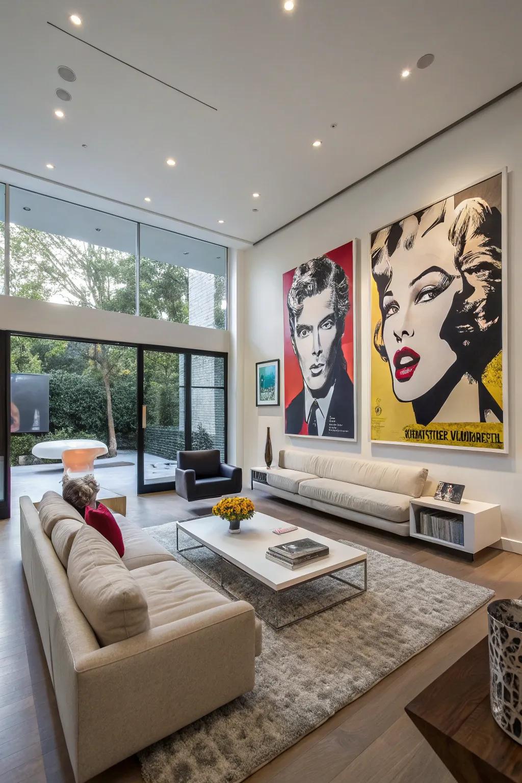 A modern living room featuring famous artwork posters.