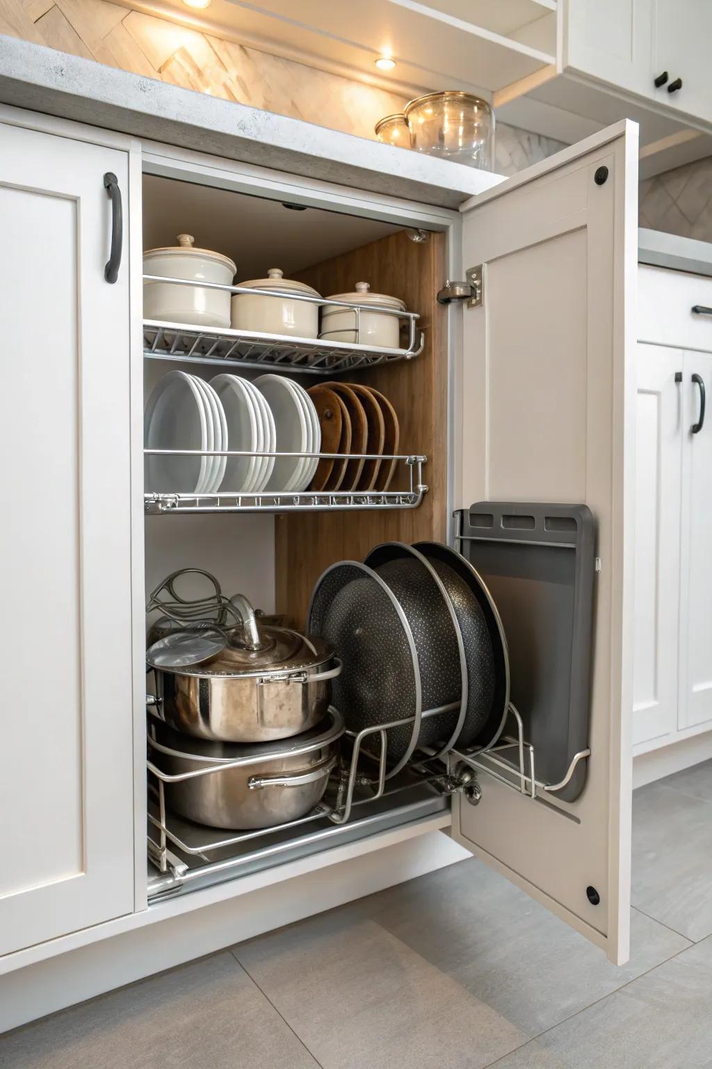 Stackable organizers and customizable dividers result in an orderly and accessible cabinet.
