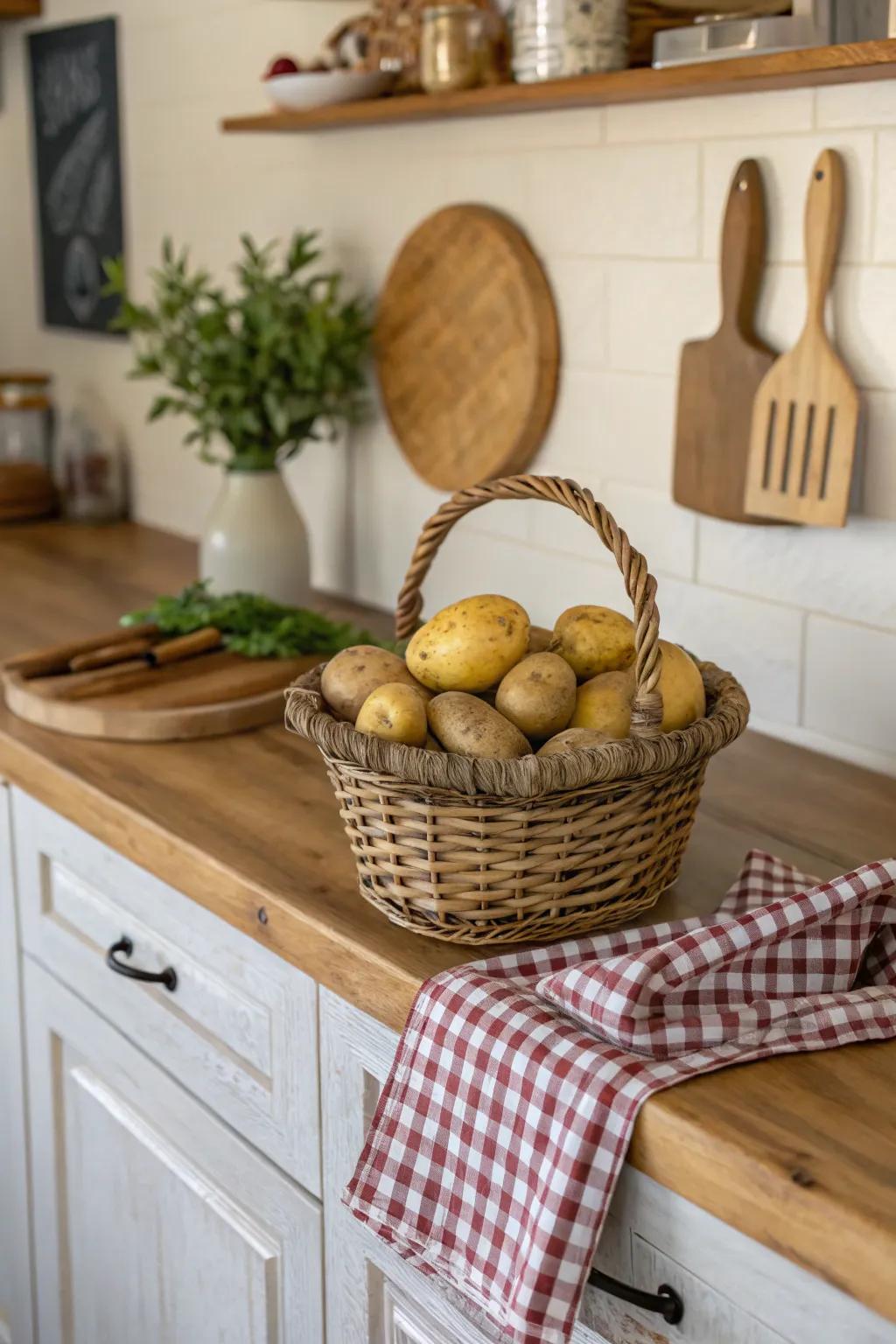A basket brimming with spuds creates a rustic kitchen focal point.