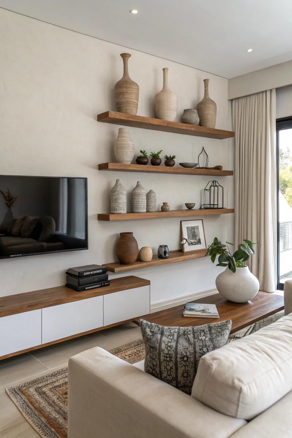 Sleek shelves displaying pottery in a minimalist living area.