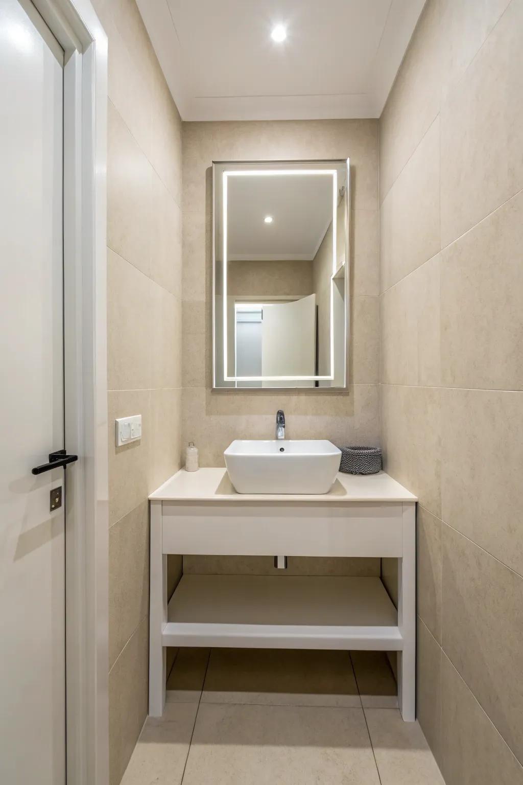 A minimalist powder room showcasing pure aesthetics and a tranquil neutral palette.