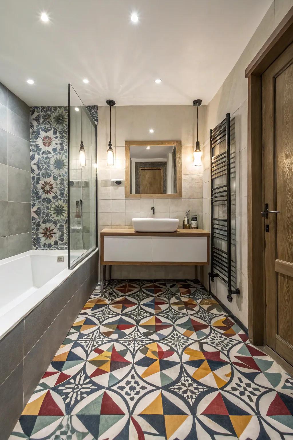 Geometric tiles create a stunning modern look in any powder room.