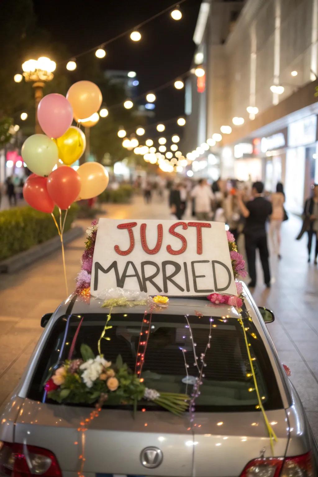 A classic 'Just Married' sign provides an enduring charm to the departure vehicle.
