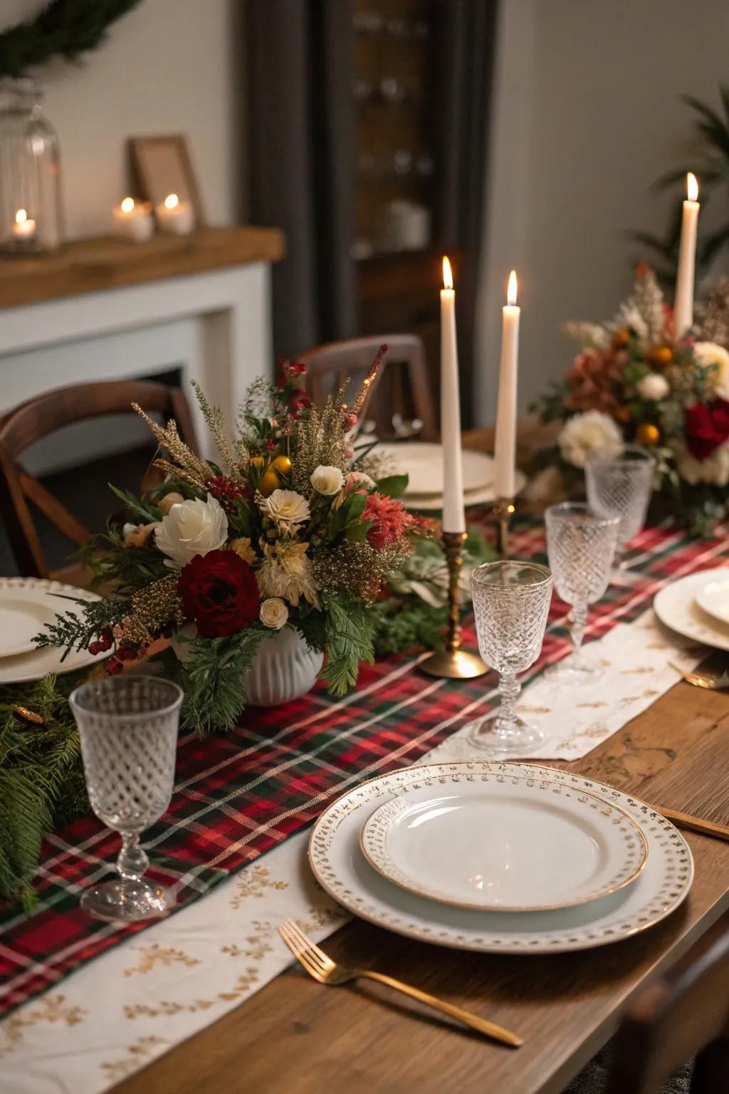 A dining area is revitalized with a refined check table accent and celebratory decorations.