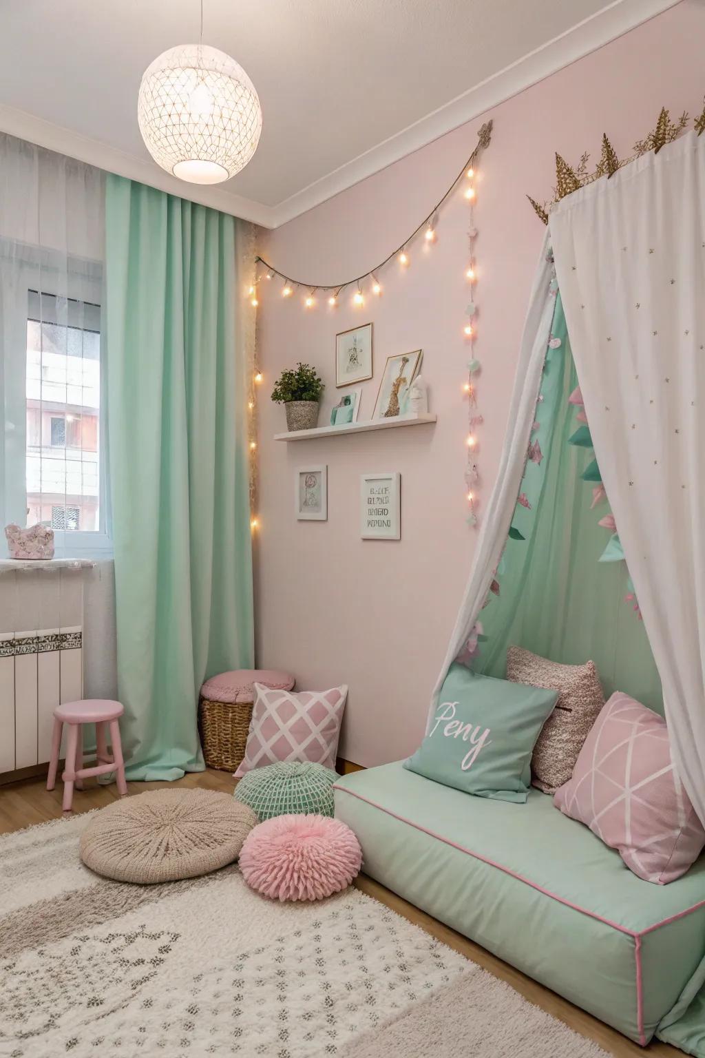 Soft pastel shades infuse your preppy space with a serene and elegant charm.