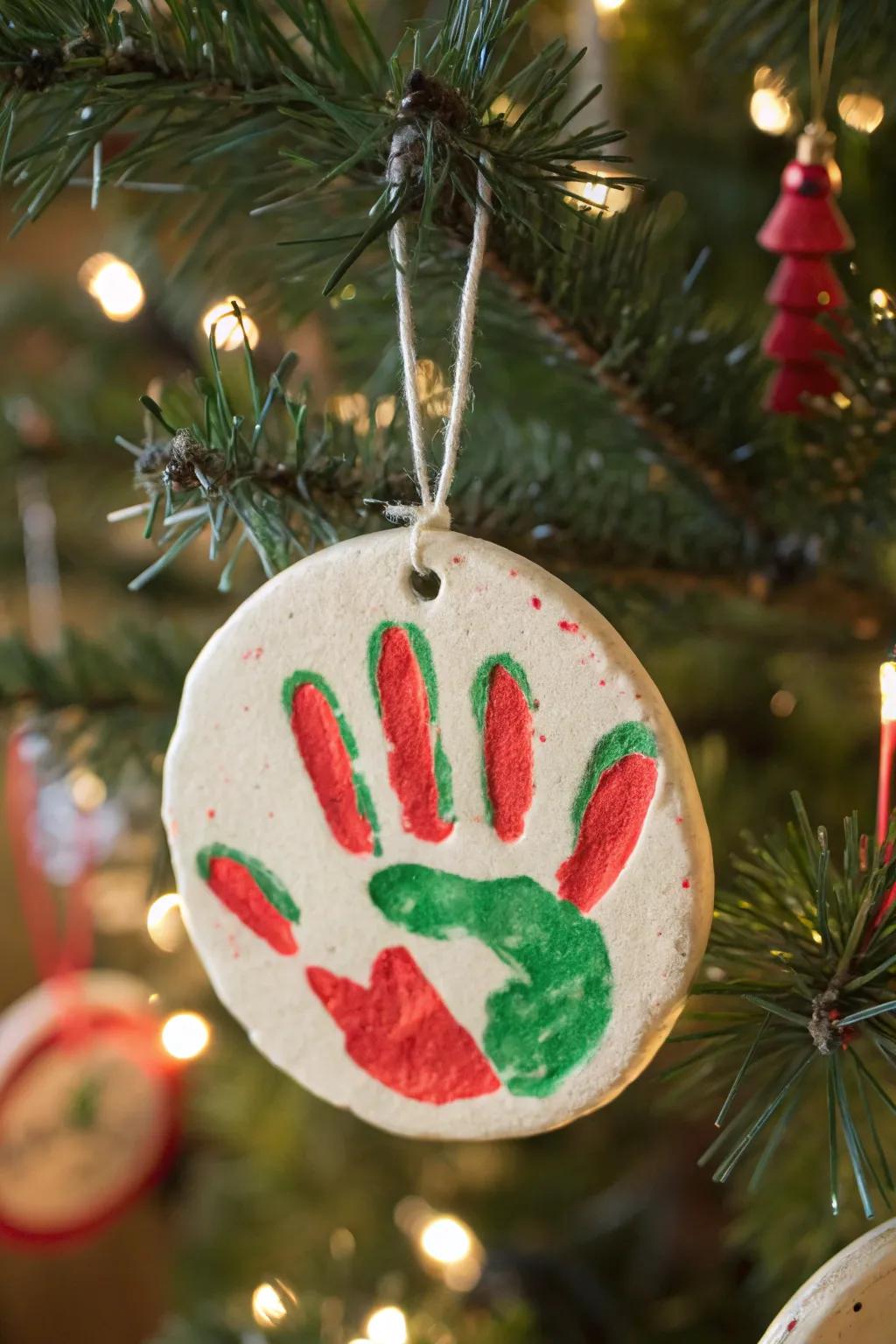 A distinctive personal addition to holiday decorations featuring a painted salt dough handprint ornament.