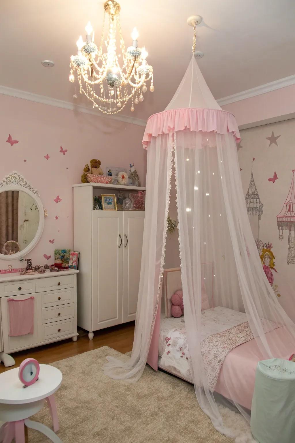 A delicate canopy bed adds a whimsical touch to the princess room.
