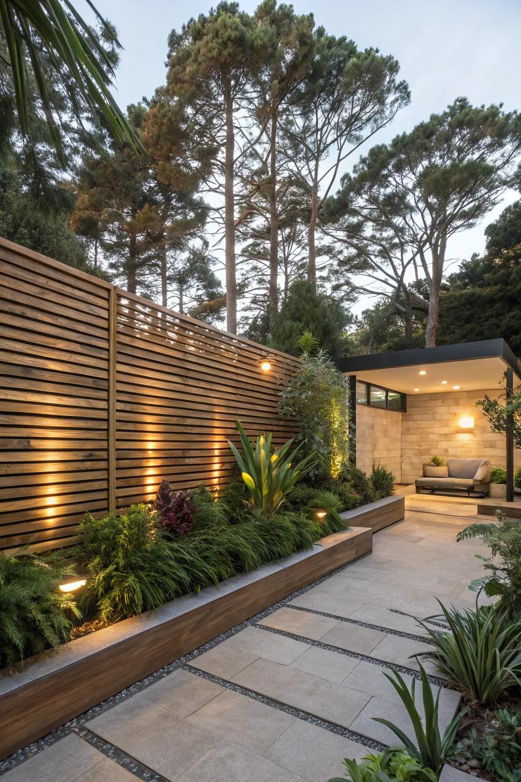 Wooden slat walls combine privacy with a dash of contemporary flair.