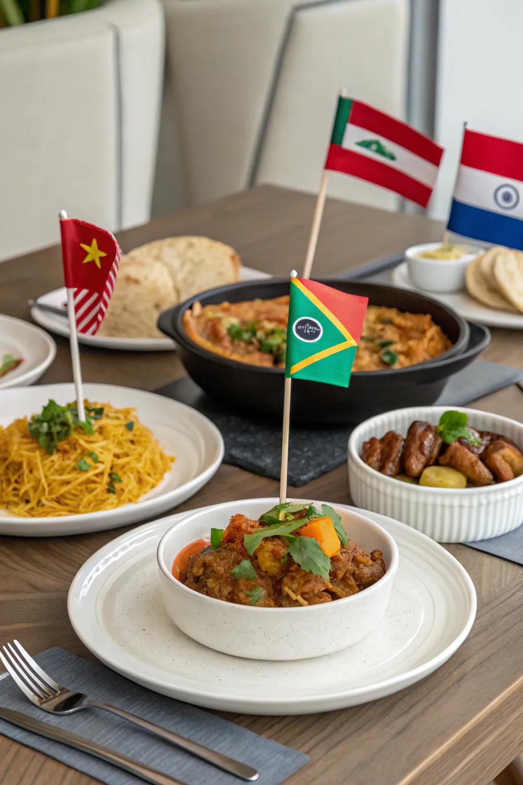 A dining area elegantly arranged with global dishes, embellished with miniature flags representing different nations.