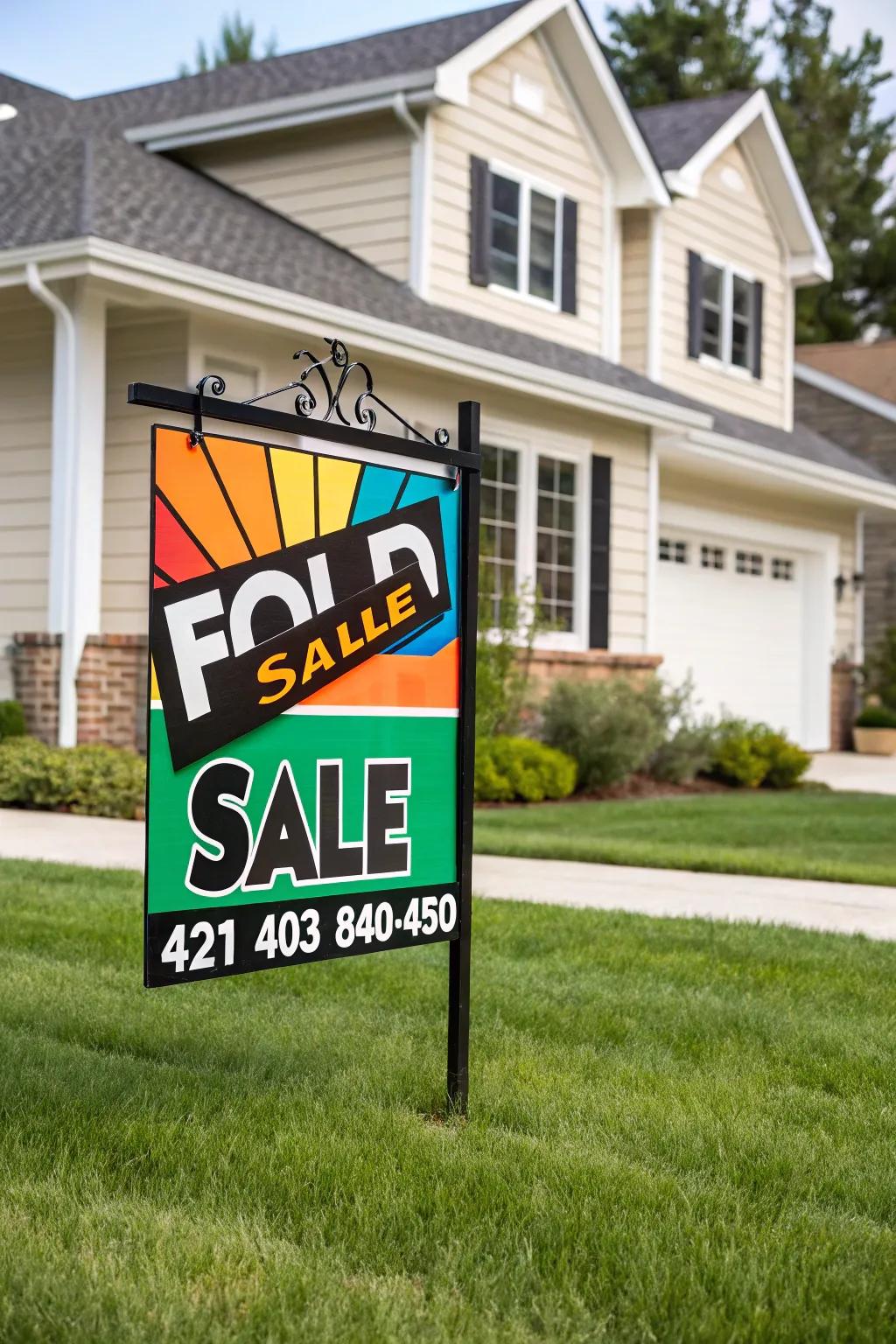 A bright and striking real estate sign that commands attention in any locale.